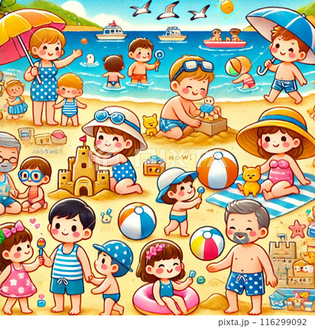 家族で楽しむ夏のビーチ:楽しい海遊びのイラスト 家族で楽しむ夏のビーチ:楽しい海遊びのイラスト 116299092