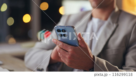 Hands, working and office with check for phone, online message or email notification at night. Male programmer, mobile tech and digital conversation on social media, smile for like with code story 116299118