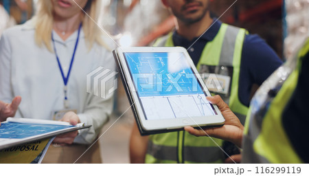 Hands, architect and tablet for blueprint in logistics warehouse for building, design and expansion. Contractor, people and scrum on app for floor plan, review or meeting in factory for supply chain 116299119