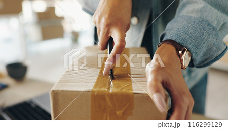 Business courier, open and hands with package in logistics stock, products and delivery for supply chain. Office, person and box with scissor to cut, service items or production employee in workplace 116299129