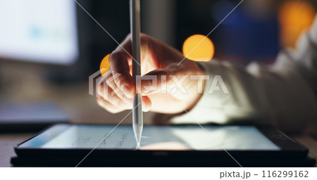 Hand, tablet and writing in office for planning, schedule and application for business in workplace. Male administrator, digital technology and pen in company for productivity, list and goals 116299162