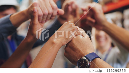 People, warehouse and holding hands for teamwork, collaboration and synergy. Employee, deal and committed with logistics at factory for manufacturing, supply chain and distribution with happiness 116299256