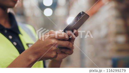 Logistics, person and phone in warehouse in communication, stock and safety in supply chain or freight. Factory, officer and industry for quality control in manufacturing, shipping in trade or export Logistics, person and phone in warehouse in communication, stock and safety in supply chain or freight. Factory, officer and industry for quality control in manufacturing, shipping in trade or export 116299279