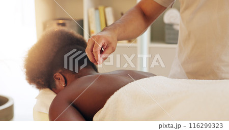 Acupuncture, back and skincare in spa with customer treatment for healing, stress relief or therapy. Body, dry needling and hand of masseuse with client in resort for cosmetics or holistic massage Acupuncture, back and skincare in spa with customer treatment for healing, stress relief or therapy. Body, dry needling and hand of masseuse with client in resort for cosmetics or holistic massage 116299323