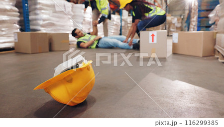 Accident, fall and helmet with man in warehouse for delivery, distribution or supply chain logistics. Fail, hardhat or injury and person on floor of plant with box for ecommerce, retail or safety 116299385