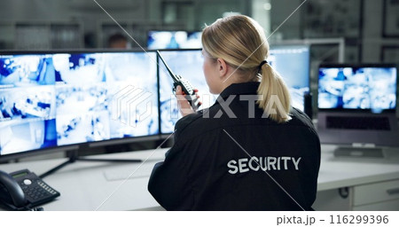 Communication, security and woman with radio, cctv and monitor to watch, danger and control room for guard. Desk, night and working for protection, safety and talking to backup and connection 116299396