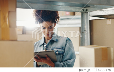 Woman, check and warehouse with boxes or inventory, quality control for freight distribution. Female person, logistics and wholesale supplier with stock checklist, clipboard for supply chain Woman, check and warehouse with boxes or inventory, quality control for freight distribution. Female person, logistics and wholesale supplier with stock checklist, clipboard for supply chain 116299470