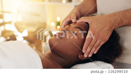 Hands, relax and black woman with spa massage, salon beauty and vacation with weekend break, physical therapy or calm. Peace, closeup and girl with getaway trip, stress relief or holiday with healing 116299510
