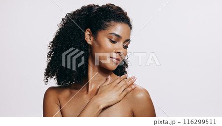 Black woman, natural beauty and skin glow with relax, dermatology and wellness in studio. Cosmetics, facial and smile from skincare and collagen treatment results with white background and mockup 116299511