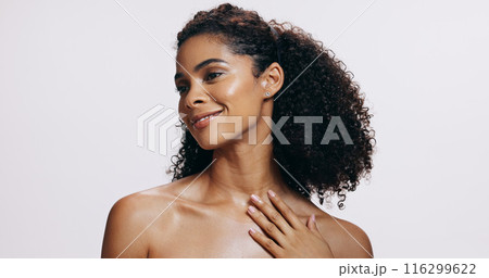 Black woman, natural beauty and skin glow with confidence, dermatology and wellness in studio. Cosmetics, facial and smile from skincare and collagen treatment results with white background and care 116299622