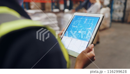 Hands, architect and tablet with app for blueprint in warehouse for building, design and ideas for inspection. Contractor, touchscreen and person for floor plan, review and factory for supply chain 116299628
