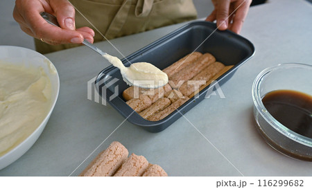 Person making tiramisu with ladyfingers and cream 116299682