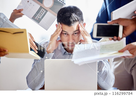 Business hands, portrait or man with stress headache in office on laptop multitasking, fail or deadline disaster. Migraine, crisis or accountant overwhelmed by team for tax, audit or compliance chaos 116299784