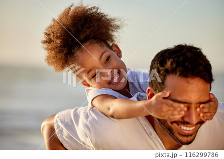 Father, child and hands on eyes for piggyback, bonding and care with parent and girl or playful in nature on holiday. Relax, happy and family vacation for ocean fun, smile and childhood and together 116299786