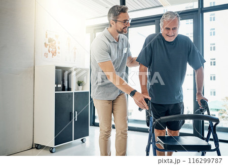 Physiotherapist, walking frame and old man for rehabilitation, consulting and recovery. Healthcare, physical therapy and senior person with disability help for medical service, wellness and support 116299787