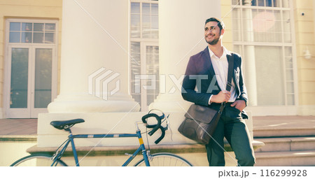 Business, travel and man with bicycle in city for interview, appointment or new job opportunity. Carbon footprint, cycling and entrepreneur with eco friendly transport in London for recruitment offer 116299928