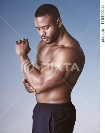 Injury, elbow pain and black man in studio with muscle tension, inflammation or discomfort on gradient background. Sports, bodybuilder and male person for sprain, arthritis or weightlifting accident Injury, elbow pain and black man in studio with muscle tension, inflammation or discomfort on gradient background. Sports, bodybuilder and male person for sprain, arthritis or weightlifting accident 116300119