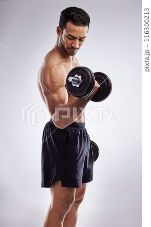 Man, dumbbell and body in studio for workout, muscle and fitness on white background with bicep. Athlete, gym and training for sports, exercise and wellness as bodybuilder with weights or power 116300213