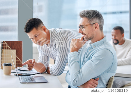Teamwork, men and laptop in discussion with mentor for help, opinion and advice on report at desk. Employer support, feedback or proposal for project, collaboration and idea for planning in office Teamwork, men and laptop in discussion with mentor for help, opinion and advice on report at desk. Employer support, feedback or proposal for project, collaboration and idea for planning in office 116300319