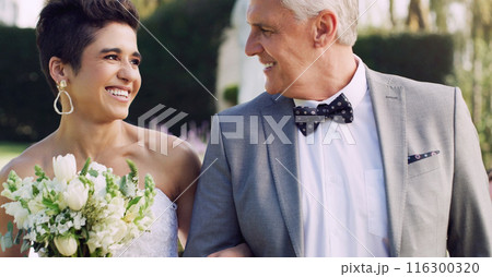 Wedding, father and daughter of the bride happy, pride and support of family for ceremony, celebration and marriage. Woman, dress and senior man, tradition in nature park or bonding while together Wedding, father and daughter of the bride happy, pride and support of family for ceremony, celebration and marriage. Woman, dress and senior man, tradition in nature park or bonding while together 116300320