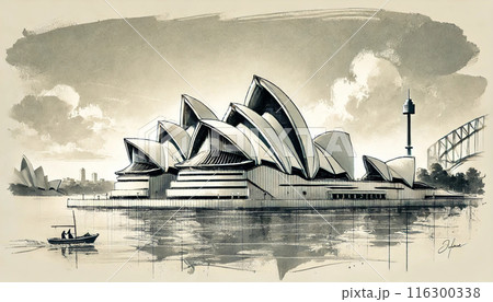 水彩で描いたオペラハウスとヨット 116300338