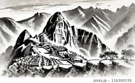 マチュピチュの水墨画イラスト マチュピチュの水墨画イラスト 116300339