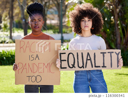 Portrait, social justice and activist as diverse women with placard, outdoor and human rights for movement, strike and politics. Female person, demonstration and protest for equality on board or sign 116300341