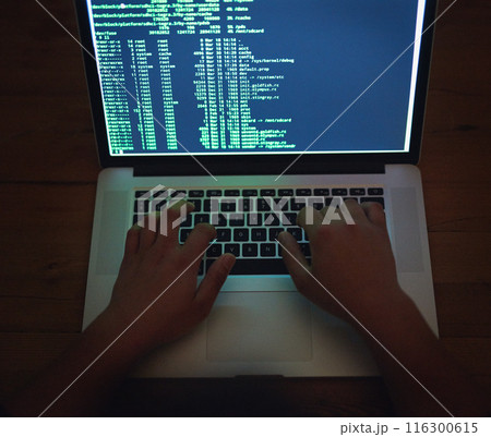 Coding, hands and hacker on laptop at night as malware thief for hacking database software, hardware virus or firewall error. Spy, typing or criminal danger for phishing, cyber crime or privacy risk Coding, hands and hacker on laptop at night as malware thief for hacking database software, hardware virus or firewall error. Spy, typing or criminal danger for phishing, cyber crime or privacy risk 116300615