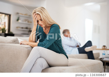 Couch, couple and fight in home for annoyed, divorce or married people for argument. Disagreement, sofa and lounge for frustrated woman, affair or emotion in toxic relationship with mature partner Couch, couple and fight in home for annoyed, divorce or married people for argument. Disagreement, sofa and lounge for frustrated woman, affair or emotion in toxic relationship with mature partner 116300687