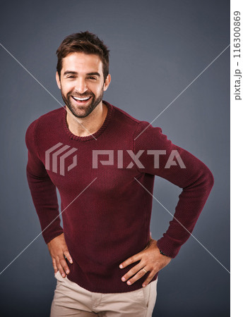 Studio, happy and portrait of man, confidence and sweater in mockup space, pride and cardigan in winter. Gray background, funny and person in Miami, laughing or comfortable in clothes, joy and jersey 116300869