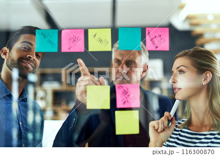 Thinking, hand pointing or business people with mature mentor planning in office for calendar, solution or schedule. Coaching, agenda or team with sticky note goal, training or project objectives 116300870