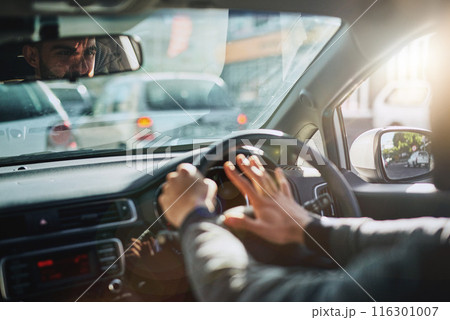 Hands, hooting or angry man in car with horn, alarm or alert for traffic, attention or warning in city. Travel, delay or taxi driver with honk signal outdoor for road trip, crisis or driving disaster 116301007