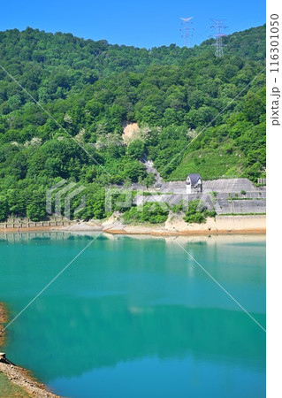 二居ダム エメラルドグリーンの二居ダム湖 湯沢町 二居ダム エメラルドグリーンの二居ダム湖 湯沢町 116301050