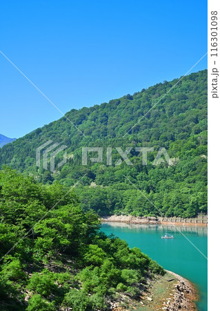 二居ダム　エメラルドグリーンの二居ダム湖　湯沢町　 116301098