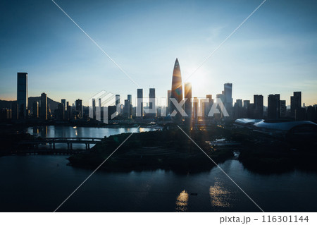 Aerial view of sunset landscape in Shenzhen city,China Aerial view of sunset landscape in Shenzhen city,China 116301144