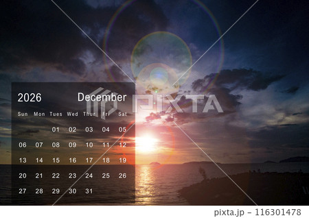 December 2026 calendar with wonderful sunset at Beach. Calendar and nature concept 116301478