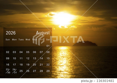 August 2026 Calendar with beautiful evening view of beach. Calendar and sea view concept 116301481