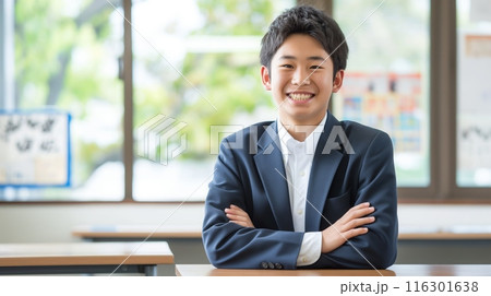Smiling Japanese Teenage Boy in School Uniform, Portrait for Educational Poster, Classroom Scene 116301638