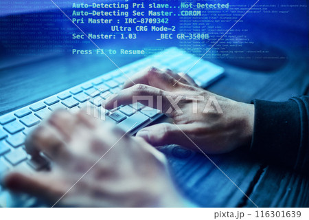 Hands, hacker and cyber security, overlay and website access. Data protection, online cybercrime and code, person with network system for fraud and programming virus for internet web technology 116301639