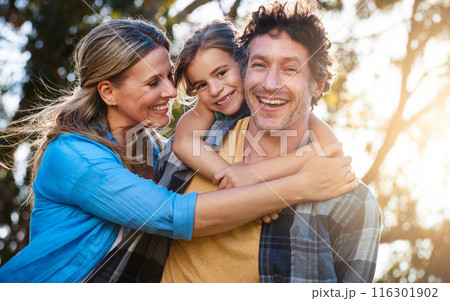 Happy family, hug and piggyback for girl with parents in a park with love, games and fun bonding in nature. Support, playing and people in a forest for back ride, travel and trust on vacation trip Happy family, hug and piggyback for girl with parents in a park with love, games and fun bonding in nature. Support, playing and people in a forest for back ride, travel and trust on vacation trip 116301902