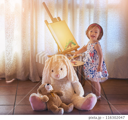 Portrait, child and painting in bedroom with teddy bear for development, creativity and happy in home. Girl, child and drawing with support, care and canvas with young artist in apartment with toy 116302047