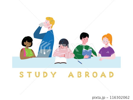 留学先の学校で白人や黒人のいろいろな国の友達とグループで机に座り勉強する日本人女性のイラスト 116302062