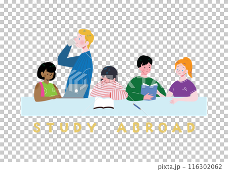 留学先の学校で白人や黒人のいろいろな国の友達とグループで机に座り勉強する日本人女性のイラスト 116302062