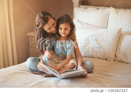 Bed, mom and child with book, reading and bonding for fun, education and love in home. Story, woman and girl together in bedroom for storytelling, learning and relax with care, growth and development 116302167