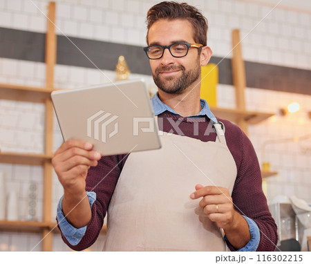 Coffee shop, restaurant and man on tablet for online menu, checking stock and product inventory. Barista, cafeteria and small business owner on digital tech for internet, networking and website order Coffee shop, restaurant and man on tablet for online menu, checking stock and product inventory. Barista, cafeteria and small business owner on digital tech for internet, networking and website order 116302215