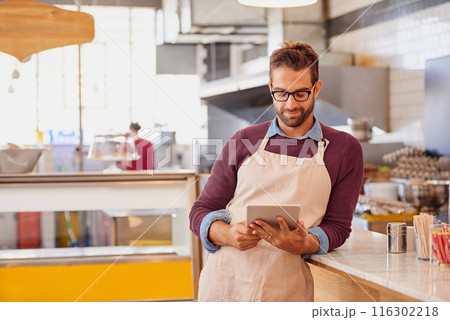 Coffee shop, bakery and man on tablet for internet for online menu, check stock and inventory. Restaurant, cafeteria and small business owner on digital tech for orders, networking and website Coffee shop, bakery and man on tablet for internet for online menu, check stock and inventory. Restaurant, cafeteria and small business owner on digital tech for orders, networking and website 116302218