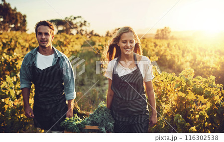 Vegetables, crate and smile with couple on farm for agriculture, growth and support. Help, bonding and harvest with man and woman in field of countryside for nature, sustainability and environment 116302538