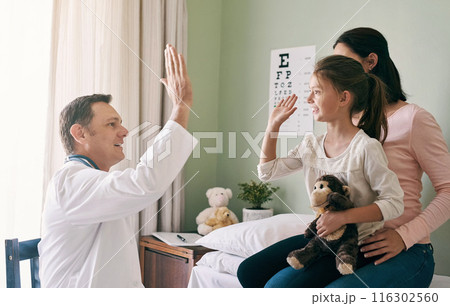 Healthcare, high five and support with family at pediatrician for advice, checkup or consulting. Doctor, medical and thank you with man in office of hospital for cure, recovery or treatment success 116302560