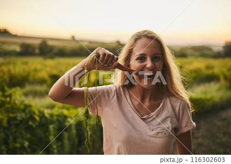Outdoor, eating and portrait of woman with carrot on farm for tasting harvest nutrition vegetables. Smile, healthy and female person with crunchy, organic and fresh produce for vitamins in nature. Outdoor, eating and portrait of woman with carrot on farm for tasting harvest nutrition vegetables. Smile, healthy and female person with crunchy, organic and fresh produce for vitamins in nature. 116302603