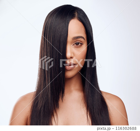 Hair care, portrait and woman in studio for keratin treatment, shampoo or cosmetics on white background. Hairstyle, beauty and female model with texture for satisfaction, growth or collagen shine 116302688